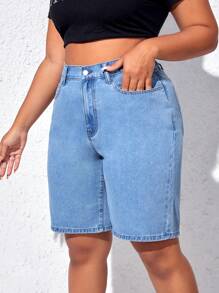 SHEIN EZwear Plus High Waist Bermuda Denim Shorts - Light Wash - View 5