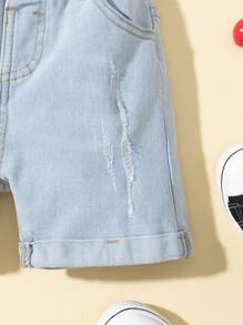 SHEIN 年輕男孩斜口口袋捲邊牛仔短褲 - 淺色水洗藍 - 查看 5