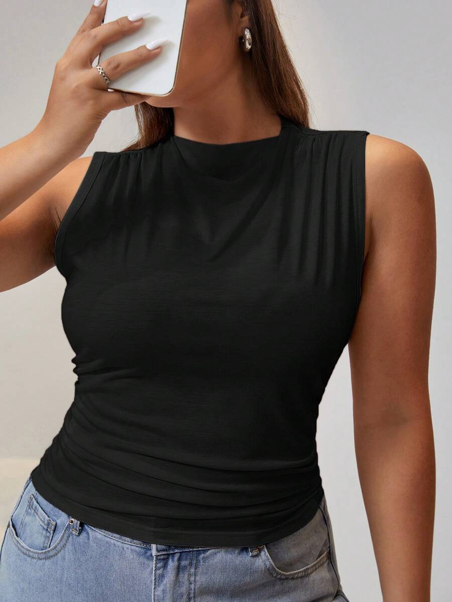 CovetEZ 大碼素色褶邊背心上衣 - 黑色 - 查看 1