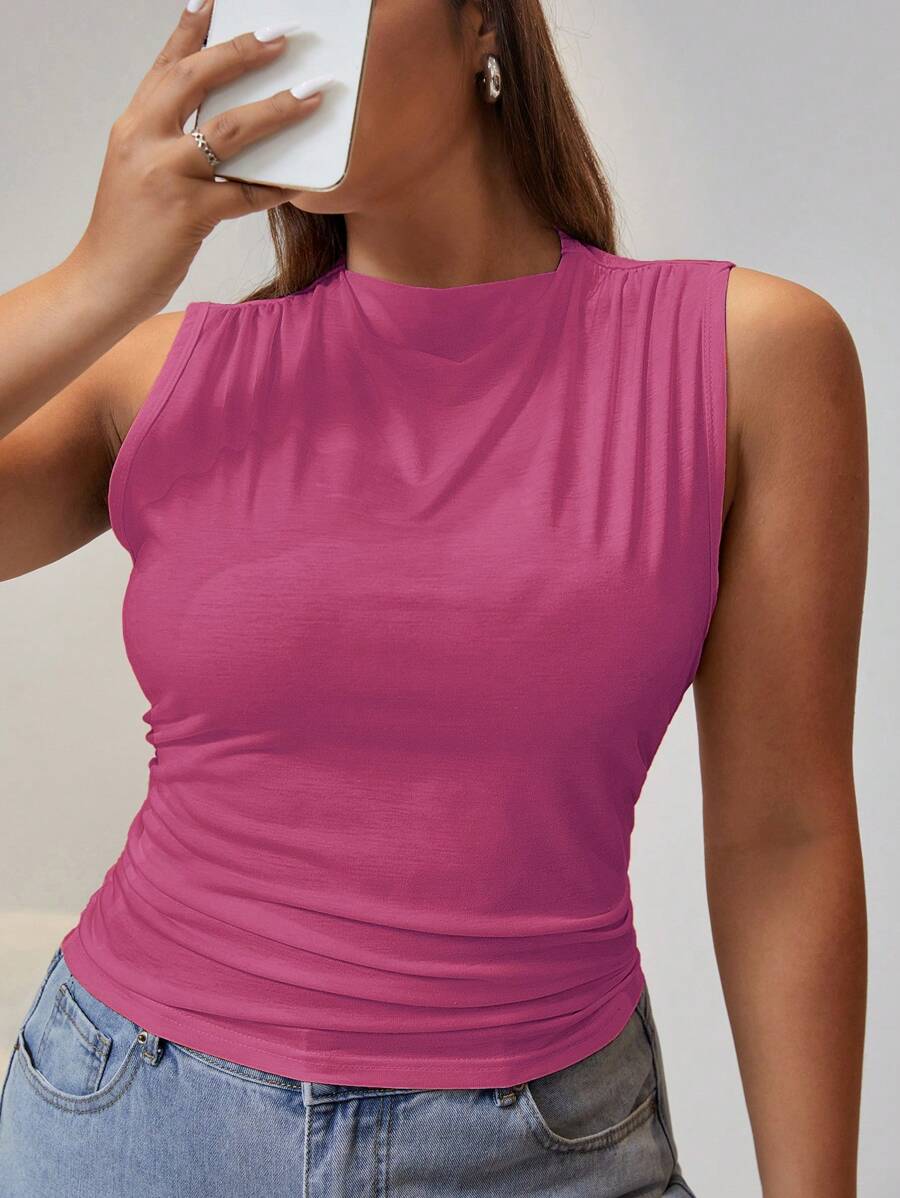 SHEIN EZwear Áo hai dây Plus Size Xù màu trơn Giải trí - Màu Hồng Tươi - Xem 1