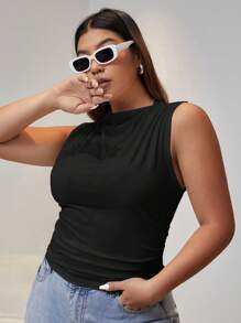 CovetEZ 大碼素色褶邊背心上衣 - 黑色 - 查看 5