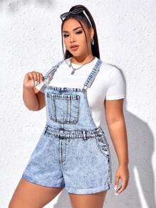 SHEIN EZwear Plus Patched Pocket Roll Up Hem Denim Overall Romper Without Tee - Light Wash - View 1