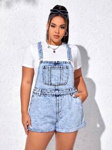 SHEIN EZwear Plus Patched Pocket Roll Up Hem Denim Overall Romper Without Tee - Light Wash - View 3