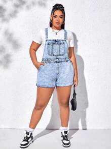 SHEIN EZwear Plus Patched Pocket Roll Up Hem Denim Overall Romper Without Tee - Light Wash - View 4