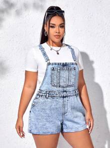 SHEIN EZwear Plus Patched Pocket Roll Up Hem Denim Overall Romper Without Tee - Light Wash - View 5