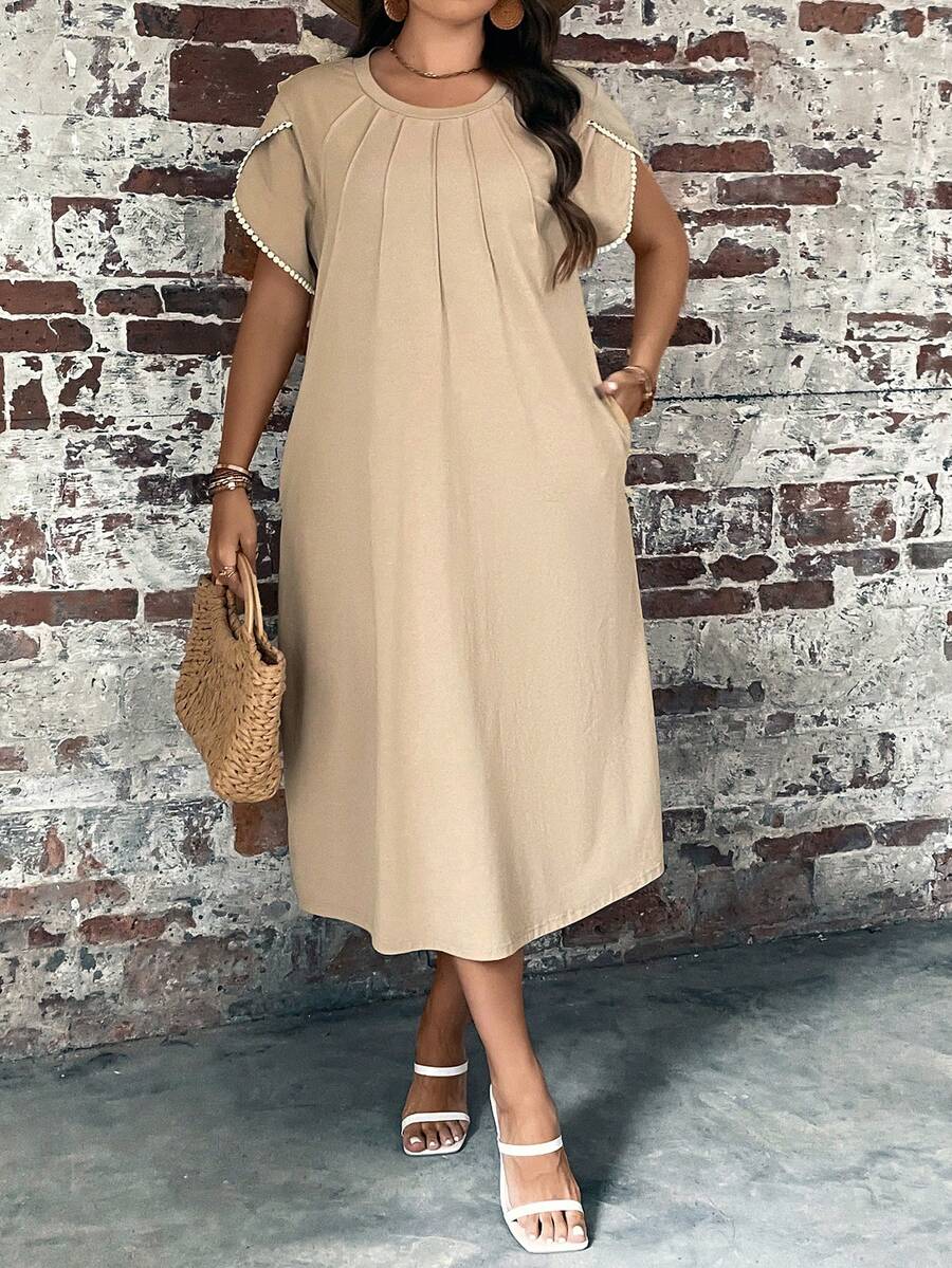 EMERY ROSE 大碼撞色滾邊花瓣袖連衣裙 - 卡其色 - 查看 1