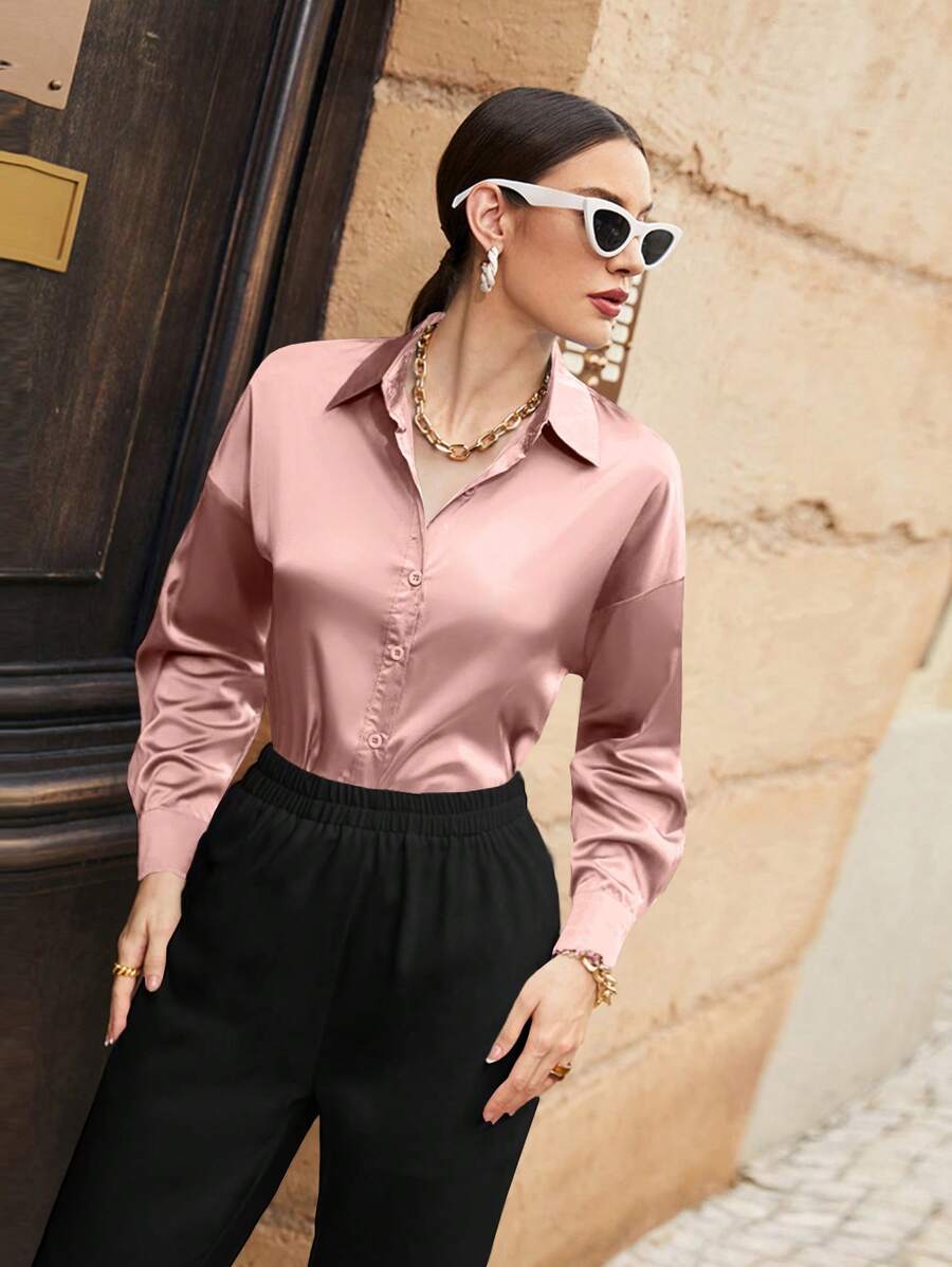 Modelyn Solid Drop Shoulder Button Front Shirt,Long Sleeve Tops Fall Cloth For Women - Pink - View 1