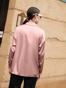 Modelyn Solid Drop Shoulder Button Front Shirt,Long Sleeve Tops Fall Cloth For Women - Pink - View 2