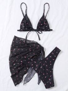 SHEIN Swim 小碎花三角杯比基尼泳裝附沙灘裙 - 彩色 - 查看 2