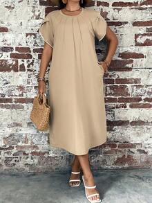 EMERY ROSE 大碼撞色滾邊花瓣袖連衣裙 - 卡其色 - 查看 4