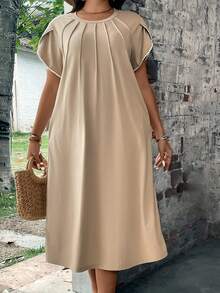 EMERY ROSE 大碼撞色滾邊花瓣袖連衣裙 - 卡其色 - 查看 6