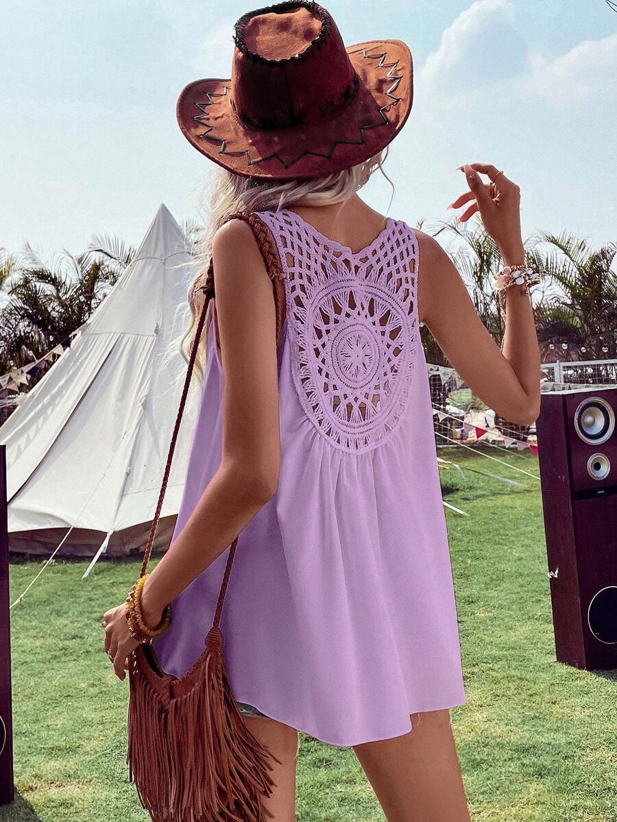Breezaya Solid Contrast Crochet Sleeveless Blouse - Purple - View 1