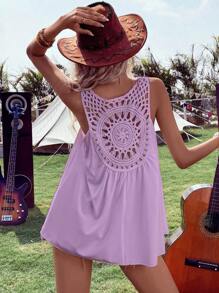 Breezaya Solid Contrast Crochet Sleeveless Blouse - Purple - View 2