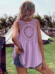 Breezaya Solid Contrast Crochet Sleeveless Blouse - Purple - View 4