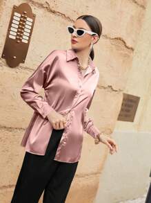 Modelyn Solid Drop Shoulder Button Front Shirt,Long Sleeve Tops Fall Cloth For Women - Pink - View 4