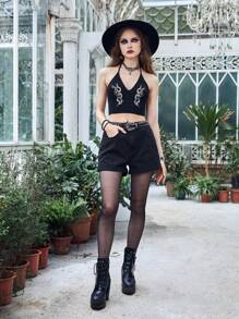 ROMWE Goth Quần short denim nữ Nút Túi Dây kéo Hình học - màu đen - Xem 2