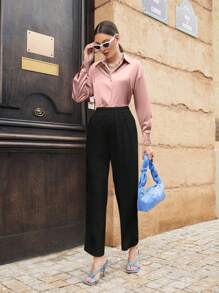 Modelyn Solid Drop Shoulder Button Front Shirt,Long Sleeve Tops Fall Cloth For Women - Pink - View 5