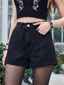 ROMWE Goth Quần short denim nữ Nút Túi Dây kéo Hình học - màu đen - Xem 4