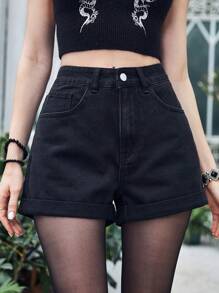 ROMWE Goth Quần short denim nữ Nút Túi Dây kéo Hình học - màu đen - Xem 5