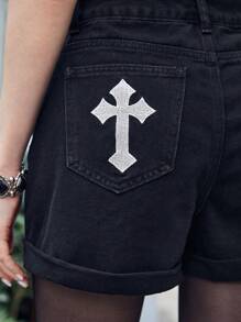 ROMWE Goth Quần short denim nữ Nút Túi Dây kéo Hình học - màu đen - Xem 6