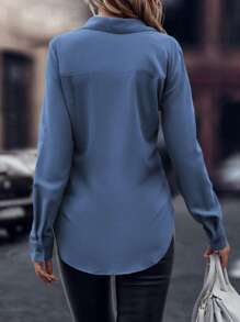 EMERY ROSE Solid Curved Hem Shirt Fall Cloth For Women - Dusty Blue - View 2