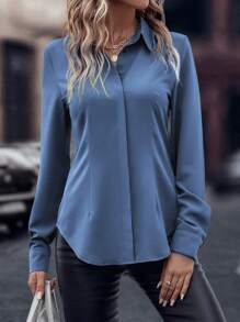 EMERY ROSE Solid Curved Hem Shirt Fall Cloth For Women - Dusty Blue - View 3