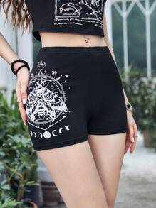 ROMWE Goth 骷髅图案骑行短裤，学校 - 黑色 - 查看 4