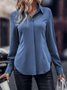 EMERY ROSE Solid Curved Hem Shirt Fall Cloth For Women - Dusty Blue - View 4