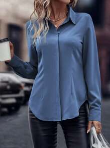 EMERY ROSE Solid Curved Hem Shirt Fall Cloth For Women - Dusty Blue - View 5