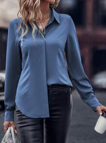 EMERY ROSE Solid Curved Hem Shirt Fall Cloth For Women - Dusty Blue - View 6