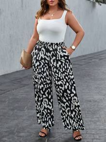 SHEIN Privé Plus Allover Print Slant Pocket Wide Leg Trousers - Black and White - View 1