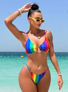 漸層抽繩比基尼泳裝附沙灘裙 - 彩色 - 查看 5