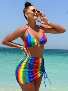 漸層抽繩比基尼泳裝附沙灘裙 - 彩色 - 查看 1