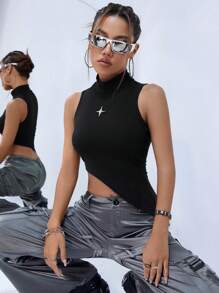 SHEIN ICON Star Print Asymmetrical Hem Tank Top - Black - View 4