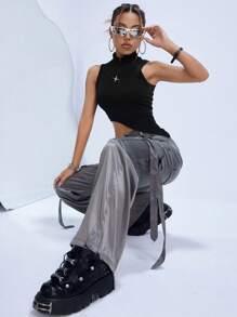 SHEIN ICON Star Print Asymmetrical Hem Tank Top - Black - View 5