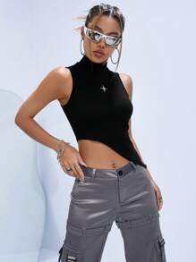 SHEIN ICON Star Print Asymmetrical Hem Tank Top - Black - View 6