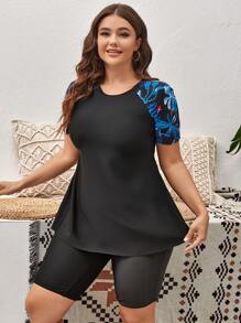 SHEIN Swim Curve Summer Beach Plus Size Tropical Print Raglan Sleeve Rashguard With Short Sleeve - Black - View 3