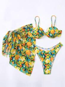 印花帶鋼圈比基尼泳裝附沙灘裙 - 彩色 - 查看 1