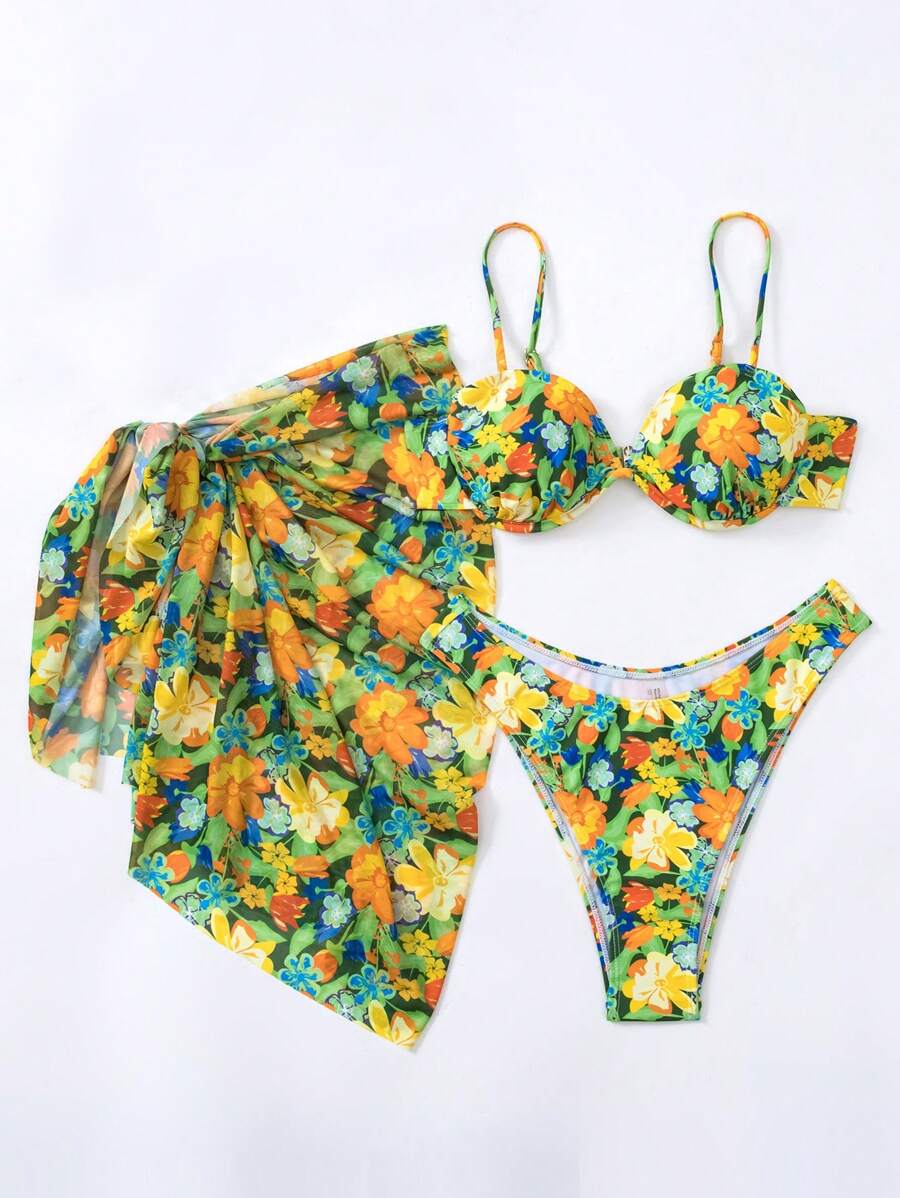 印花帶鋼圈比基尼泳裝附沙灘裙 - 彩色 - 查看 1