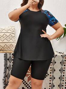 SHEIN Swim Curve Summer Beach Plus Size Tropical Print Raglan Sleeve Rashguard With Short Sleeve - Black - View 6