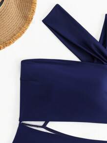 SHEIN Swim 腰部鏤空不對稱領連體泳衣 - 藏蓝色 - 查看 4