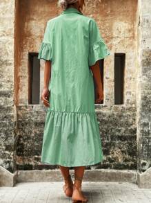 Aveloria Vestido camisero de rayas de manga con volante bajo con fruncido - Verde - Ver 2