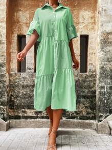 Aveloria Vestido camisero de rayas de manga con volante bajo con fruncido - Verde - Ver 4