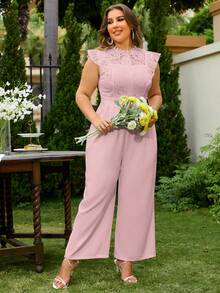 Simplee Jumpsuits Plus Size Xù Dây kéo Tương phản ren màu trơn Thanh lịch - Hồng - Xem 3