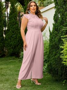 Simplee Jumpsuits Plus Size Xù Dây kéo Tương phản ren màu trơn Thanh lịch - Hồng - Xem 6