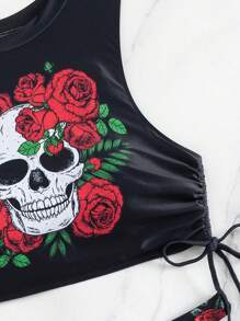 Swim EVENT Beach Skull & Floral Print Drawstring Side Bikini Set, Halloween - Black - View 4