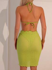 Swim Mod Summer Beach Lettuce Trim Halter Triangle Bikini Set With Beach Skirt - Lime Green - View 3