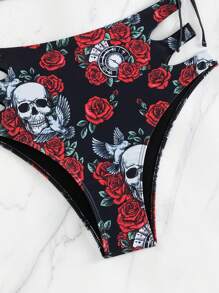 Swim EVENT Beach Skull & Floral Print Drawstring Side Bikini Set, Halloween - Black - View 7