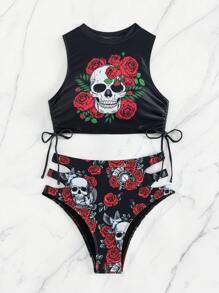 Swim EVENT Beach Skull & Floral Print Drawstring Side Bikini Set, Halloween - Black - View 8