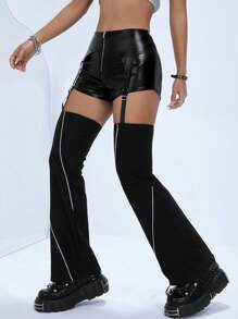 SHEIN ICON 織帶拼接鏤空PU皮革喇叭褲 - 黑色 - 查看 1